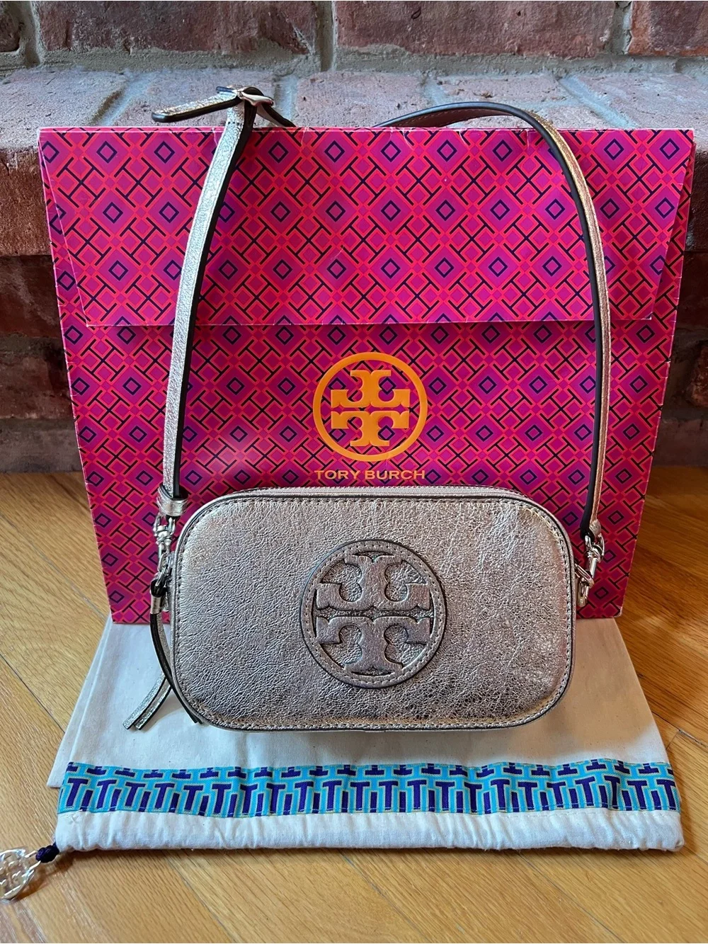 Tory Burch Gold Leather Miller Mini Metallic Crossbody Bag
